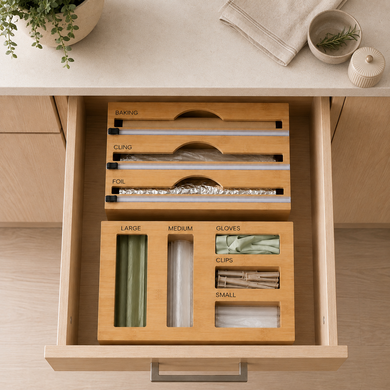 Bamboo Food Wrap Dispenser & Sandwich Bag Organiser Pack