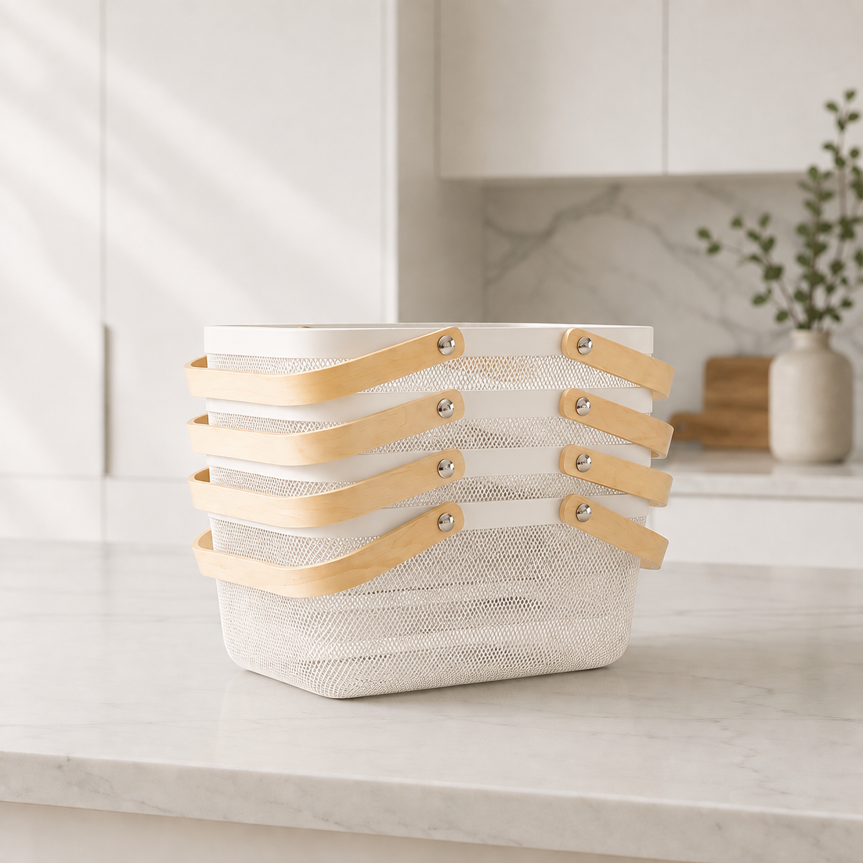 White Mesh Storage Basket With Bamboo Handle – 4 Pack