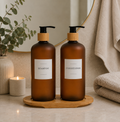 Amber Plastic Pump Bottles + Bamboo Tray – 500 ml Set