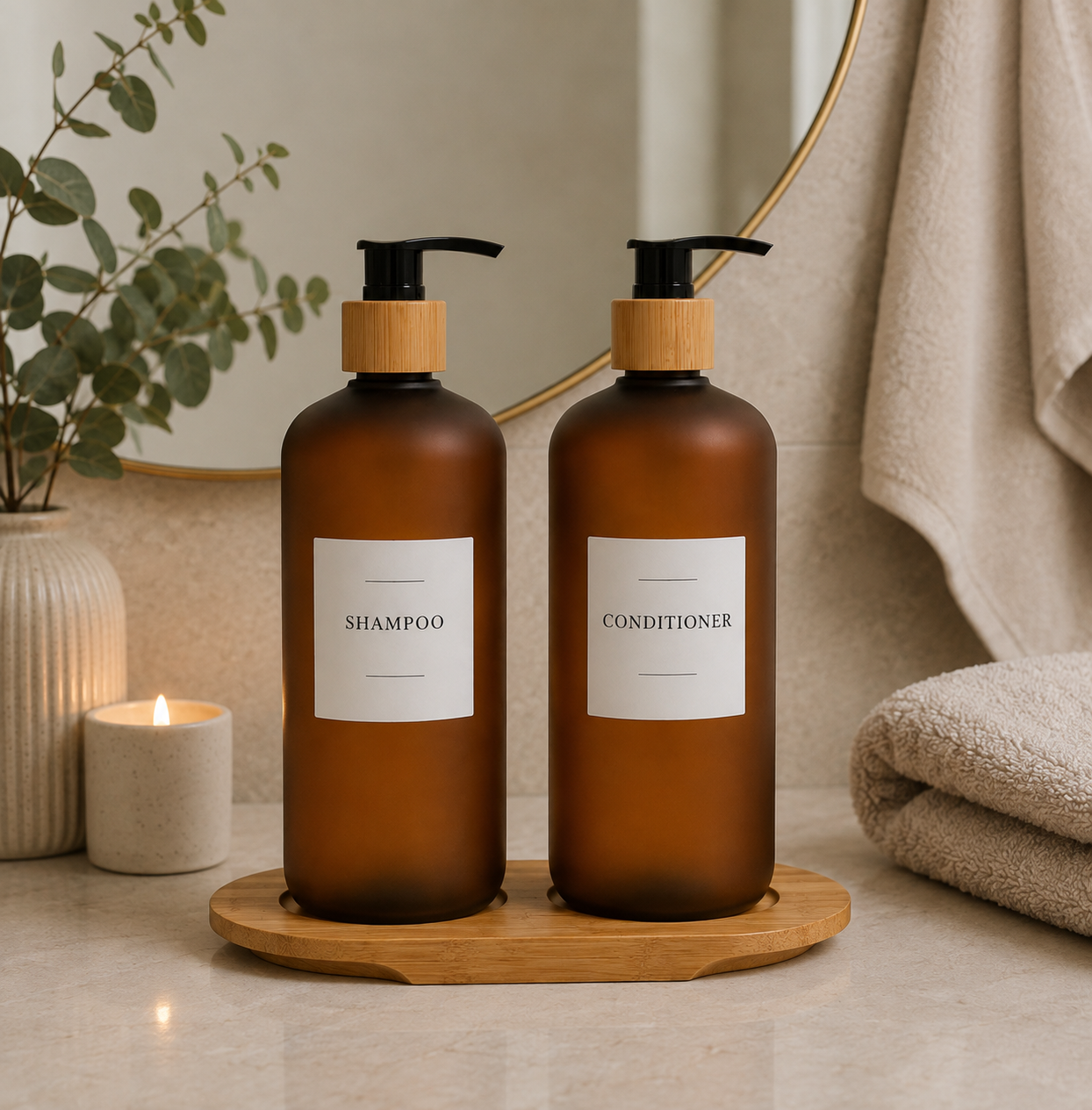 Amber Plastic Pump Bottles + Bamboo Tray – 500 ml Set