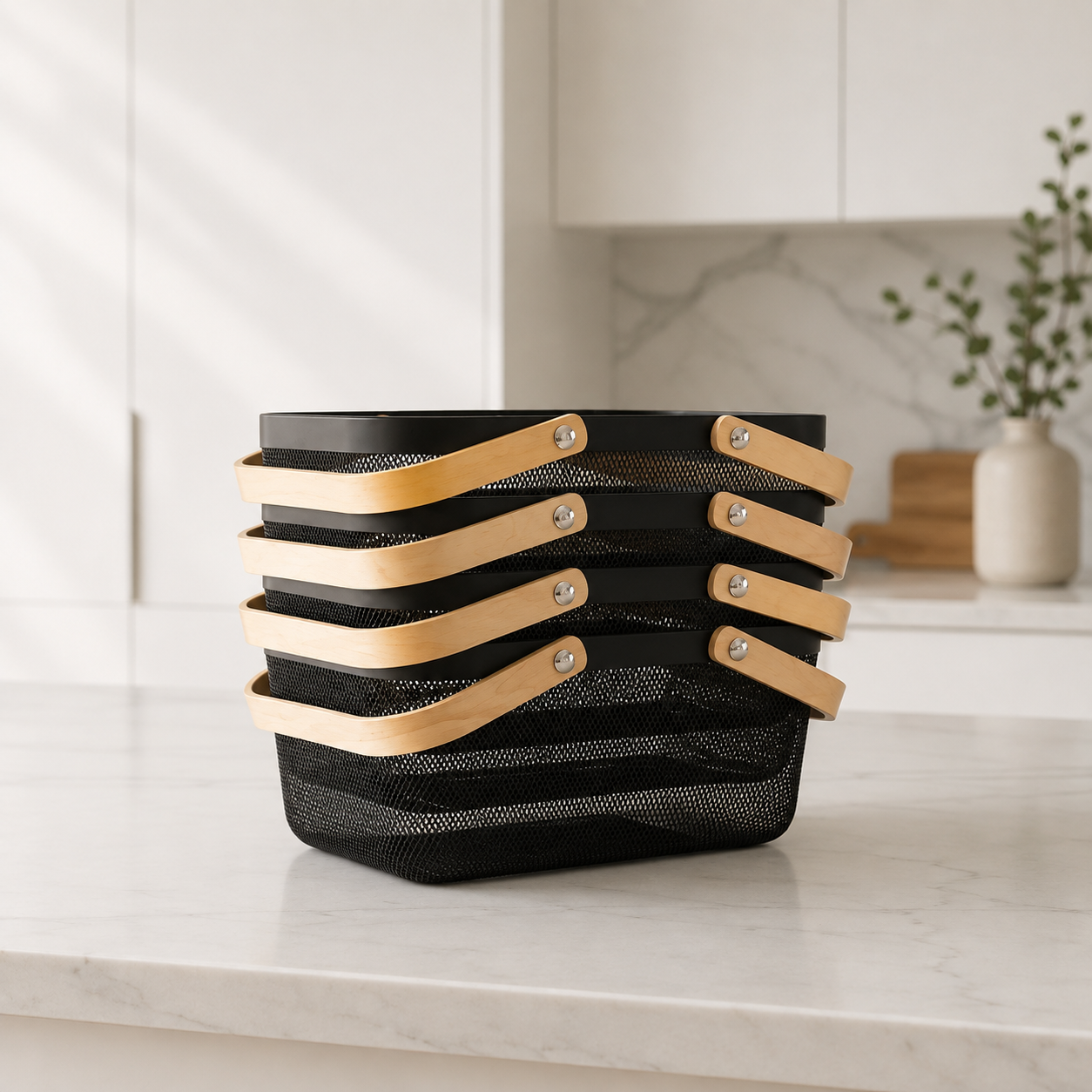 Black Mesh Storage Basket With Bamboo Handle – 4 Pack