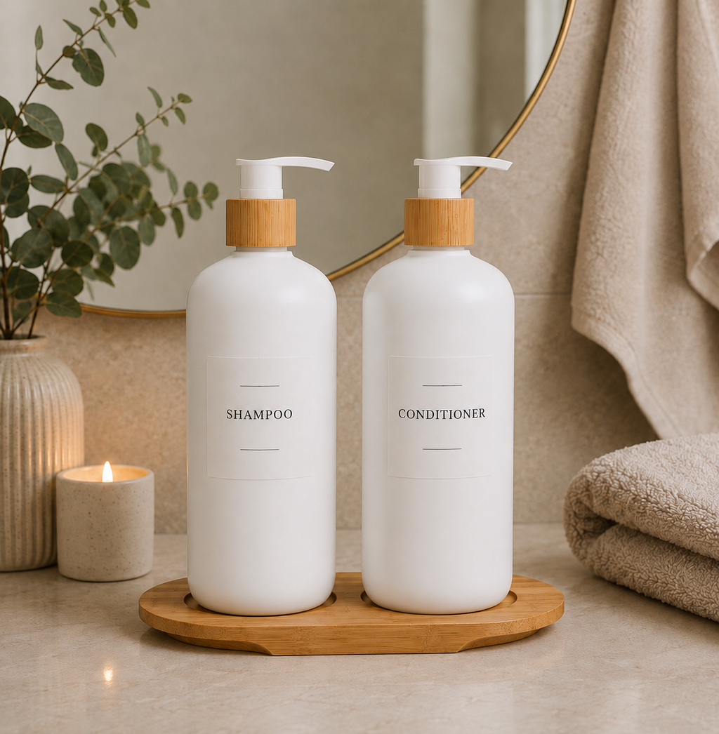 White Plastic Pump Bottles + Bamboo Tray – 500 ml Set