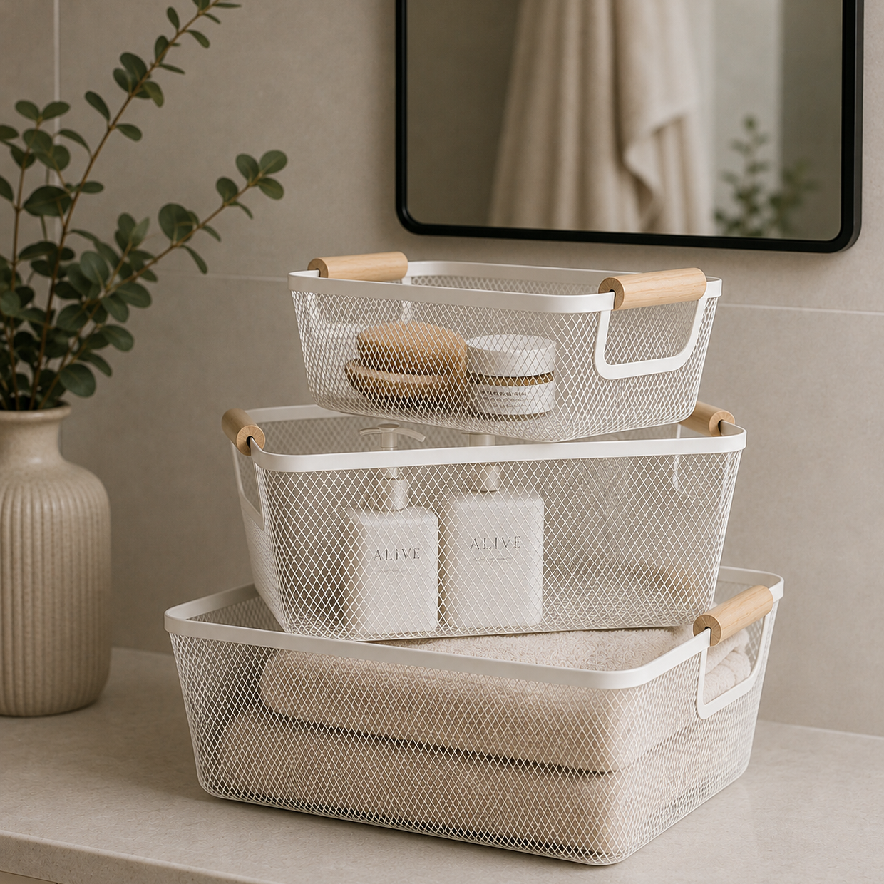 White Mesh Storage Basket with Wooden Handles
