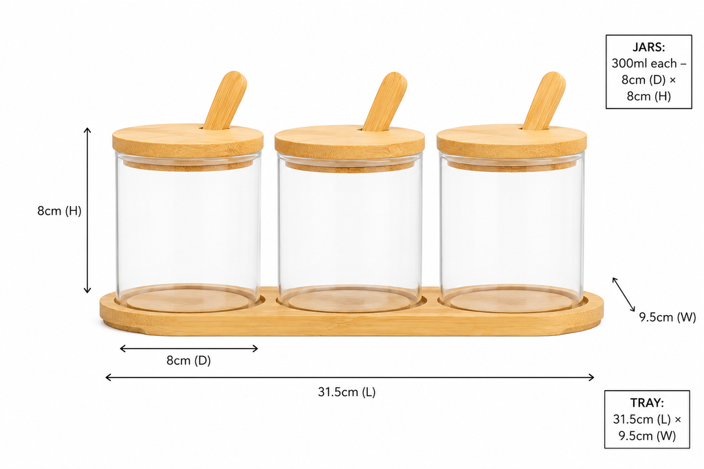 Round Bamboo Trio Glass Jar Set – 300ml Each
