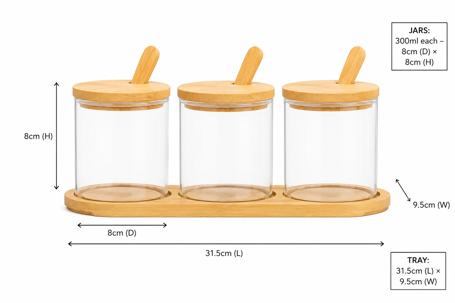 Round Bamboo Trio Glass Jar Set – 300ml Each