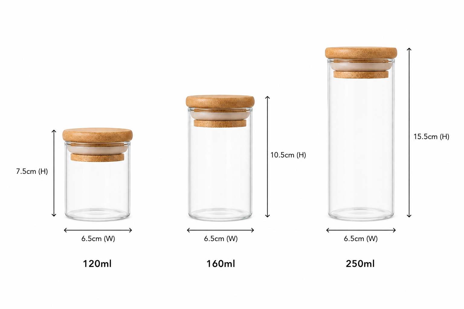 Round Glass Spice Jars with Bamboo Lid – 3 Sizes