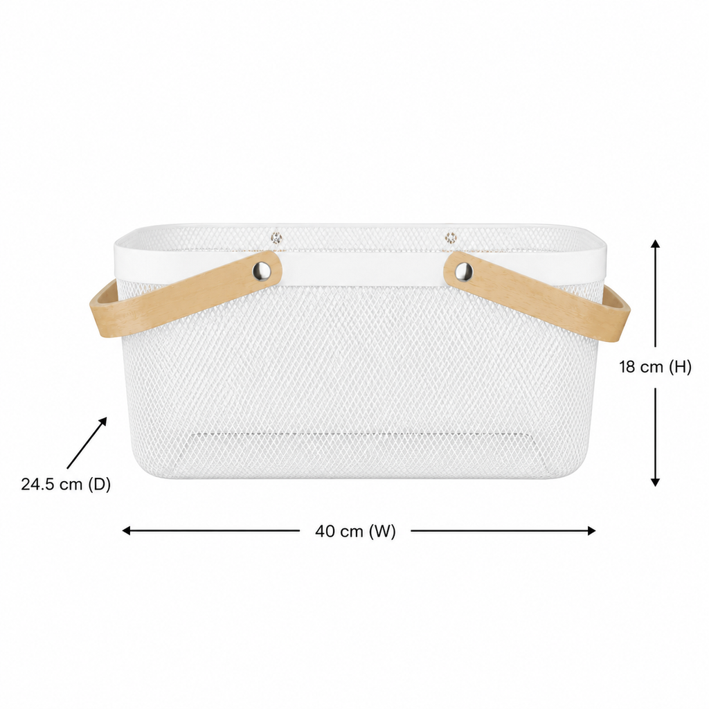 White Mesh Storage Basket With Bamboo Handle – 4 Pack