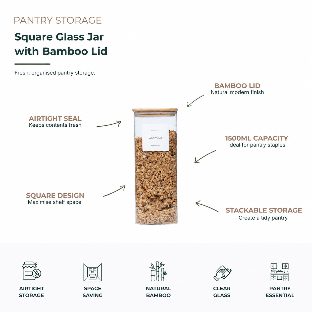 Square Glass Jar with Bamboo Lid – 1500ml