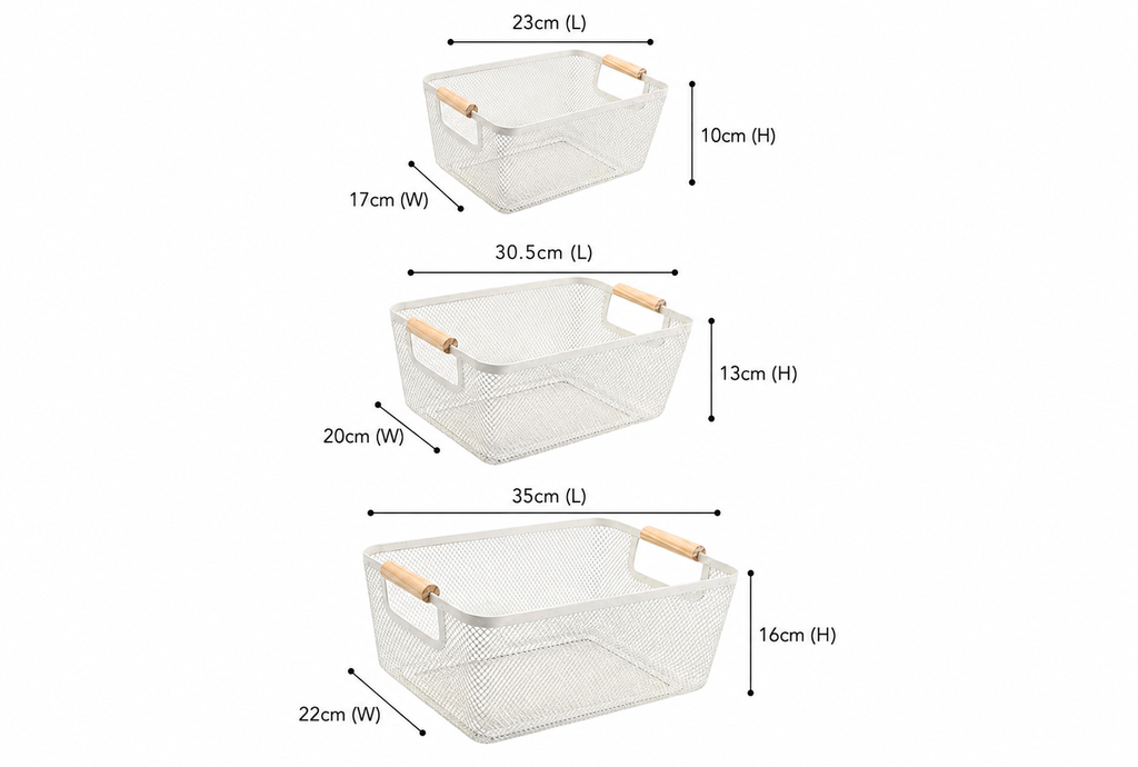 White Mesh Storage Basket with Wooden Handles