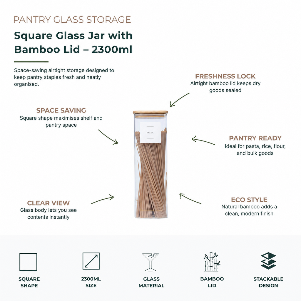 Square Glass Jar with Bamboo Lid – 2300ml