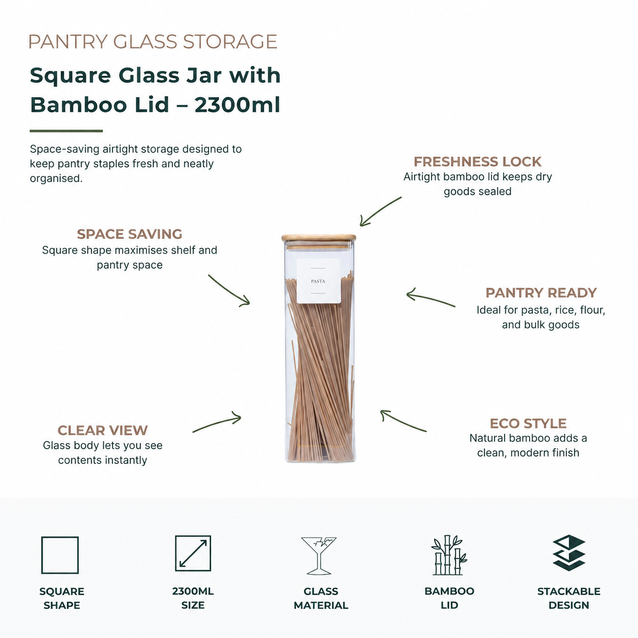 Square Glass Jar with Bamboo Lid – 2300ml