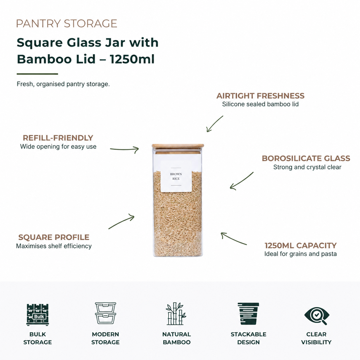 Square Glass Jar with Bamboo Lid – 1250ml
