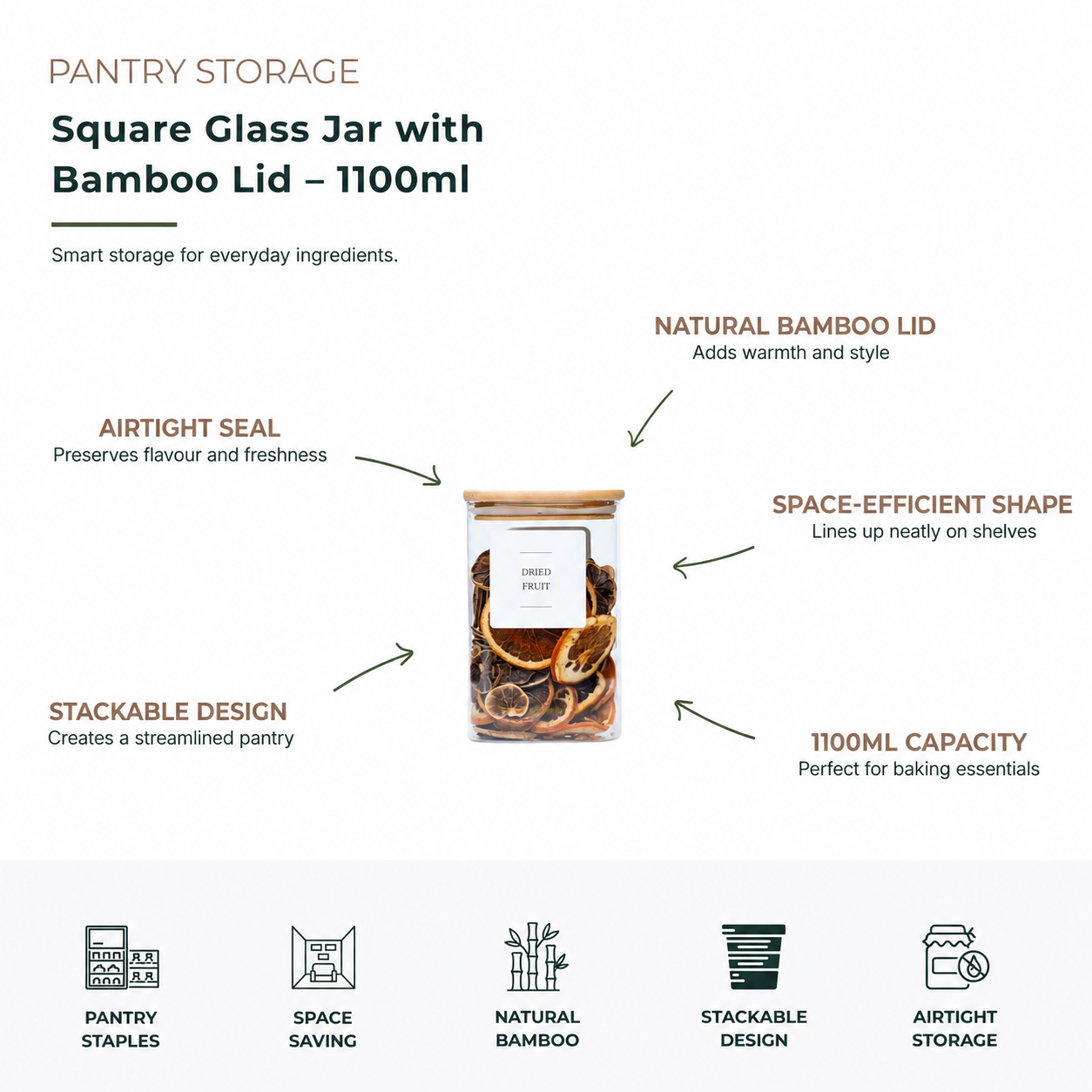 Square Glass Jar with Bamboo Lid – 1100ml