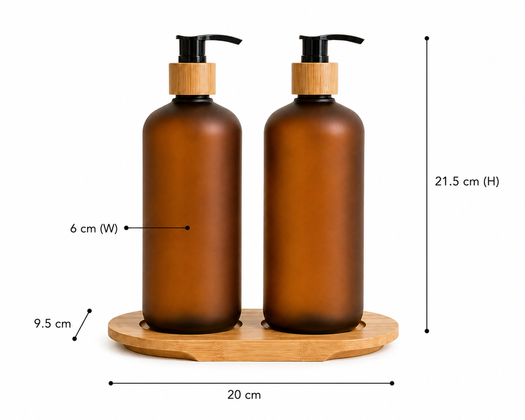 Amber Plastic Pump Bottles + Bamboo Tray – 500 ml Set