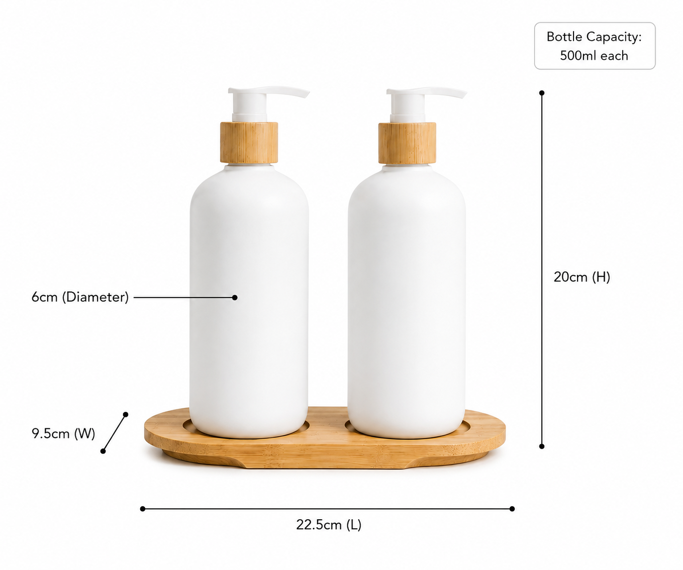 White Plastic Pump Bottles + Bamboo Tray – 500 ml Set