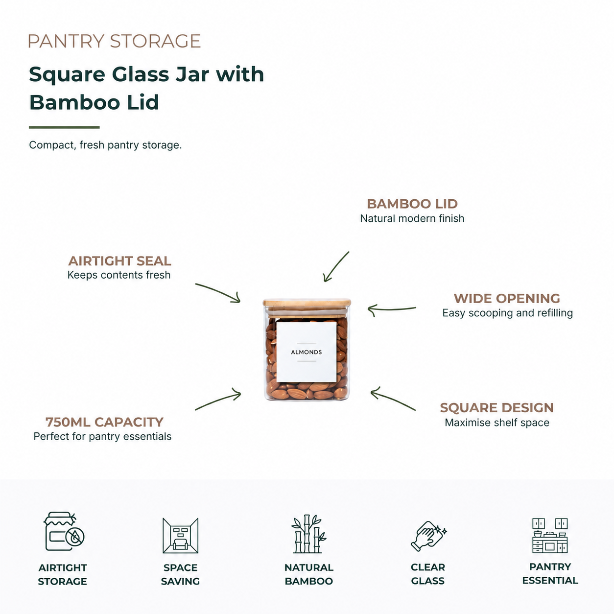 Square Glass Jar with Bamboo Lid – 750ml
