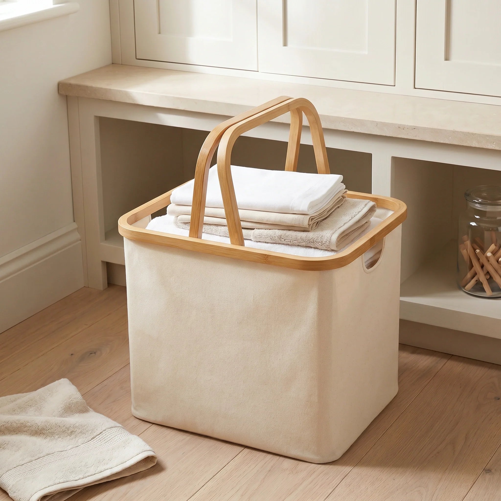 Beige Linen Basket with Double Handle