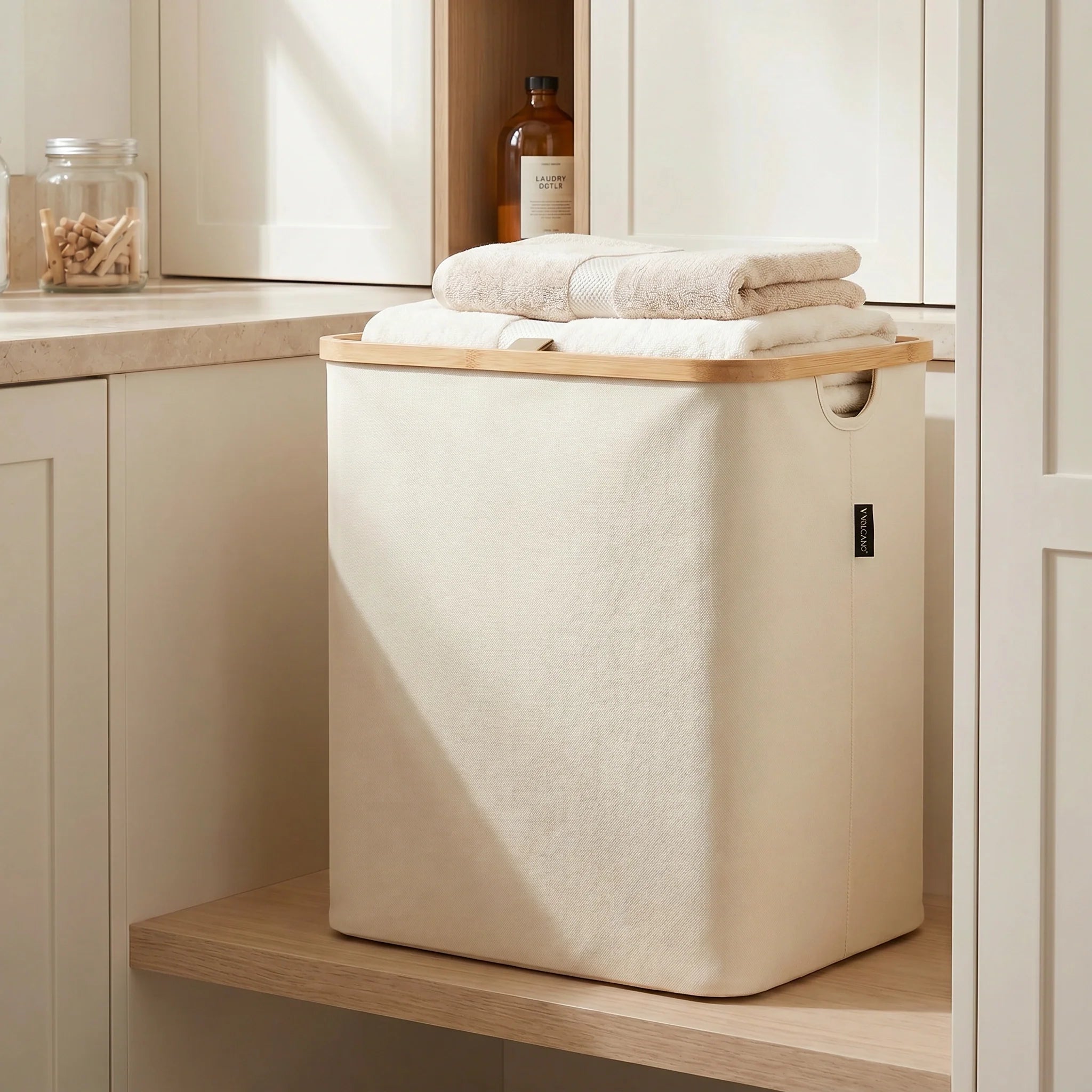 Large Beige Linen Storage Basket with Mesh Lid